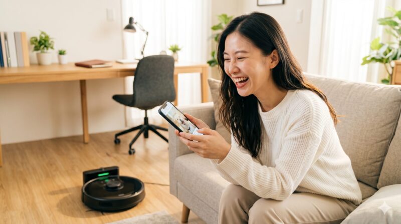 自宅のリビングでロボット掃除機を使いながら、ソファでスマホの犬の動画を見て大笑いする日本人女性。