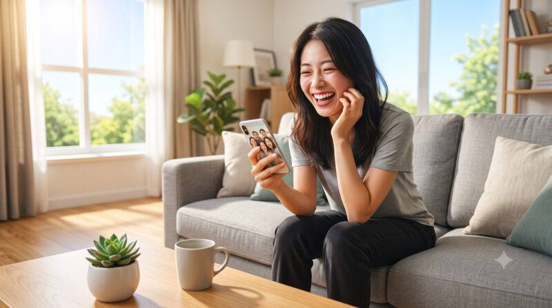 明るいリビングルームのソファに座り、スマートフォンで家族とビデオ通話をして楽しそうに笑う若い日本人女性。