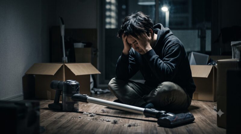 コードレス掃除機の悪い口コミやデメリットに直面し、暗い部屋で頭を抱えて後悔する男性のイメージ。