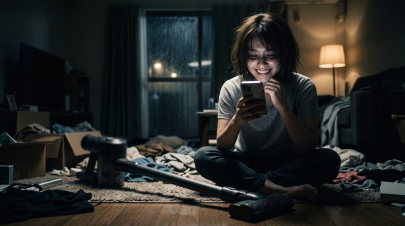 散乱した服とCL280FDコードレス掃除機がある部屋で、スマホを見て笑顔になる日本人女性。