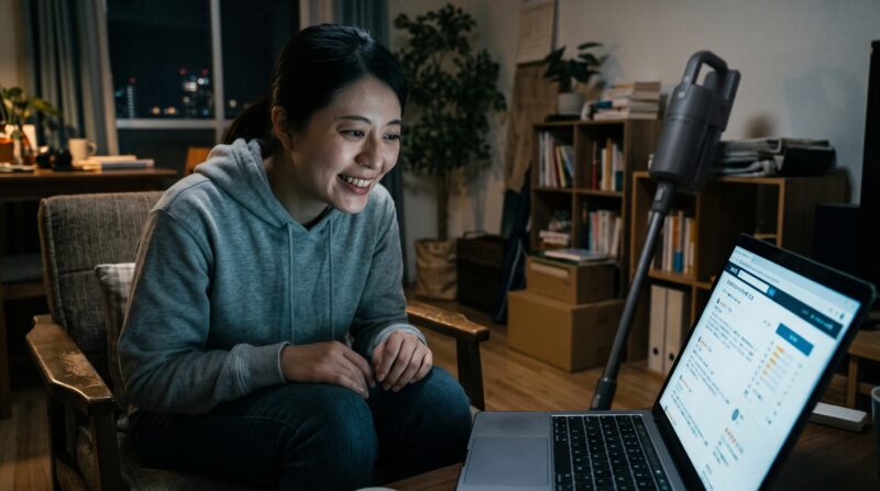 Xiaomi Mijia コードレス掃除機 4Cの評判をラップトップで確認し、満足して笑顔を浮かべる女性の様子。
