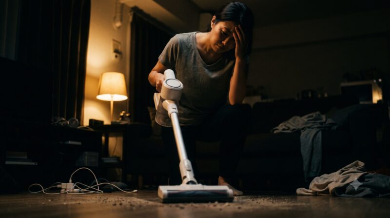夜の薄暗い部屋で、コードレススティック掃除機を手に、床のゴミを前に頭を抱えて悩む女性。