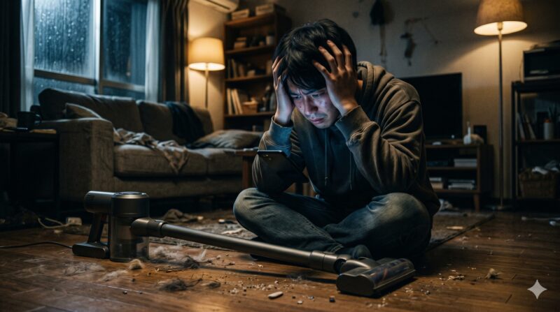 スティック掃除機の口コミを見て後悔し、散らかった部屋で頭を抱える男性。