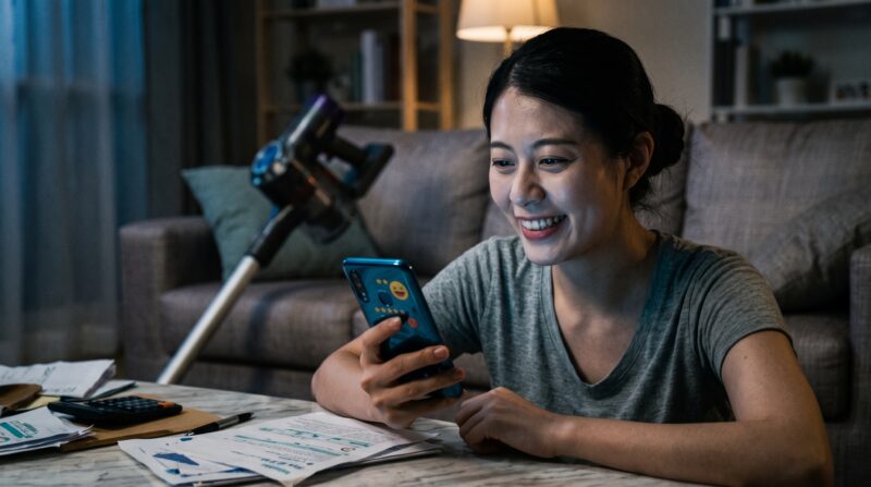 SCD-185Pの口コミを見て笑顔で満足する日本人女性とコードレス掃除機