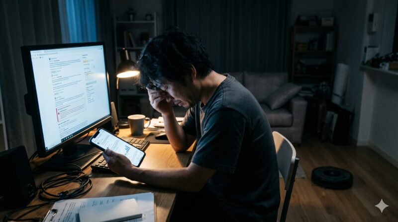 深夜にパソコンとスマホでロボット掃除機の口コミや評判を調べ、頭を抱えて絶望している男性