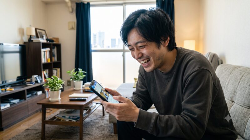 自宅のリビングでスマートフォンを操作し、笑顔で画面を見ている日本人男性。