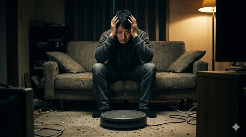 超小型ロボット掃除機DEEBOT Miniの性能やデメリットに悩み、ソファに座って頭を抱え絶望する男性。