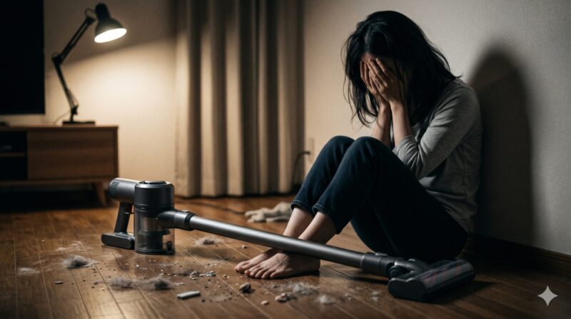 散乱するゴミとコードレス掃除機を前に床で絶望し顔を覆う女性
