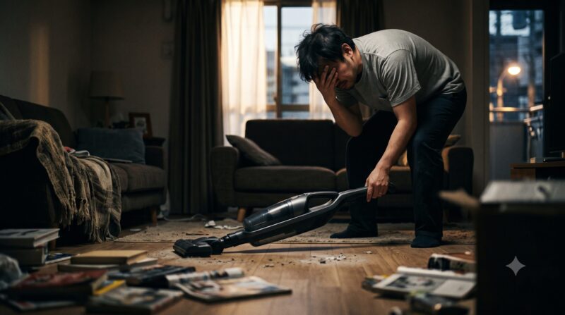 コードレス掃除機を手に持ち、散らかった部屋でうつむいて後悔や絶望をしている男性の姿。