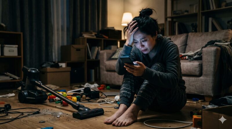コードレス掃除機の傍らでスマートフォンの口コミを調べ、散らかった部屋で絶望し涙を流している女性の様子。