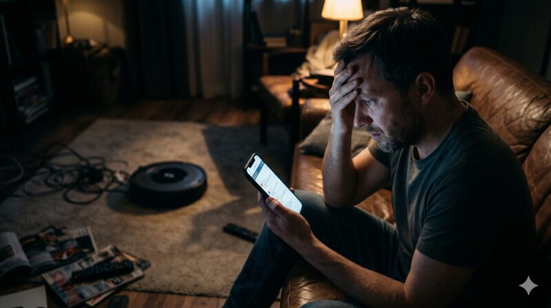 夜のリビングで、スマホでロボット掃除機の口コミを読みながらデメリットに頭を抱える男性