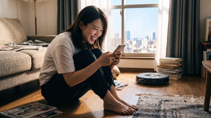 明るいリビングでスマホを見て笑顔でくつろぐ女性とロボット掃除機。