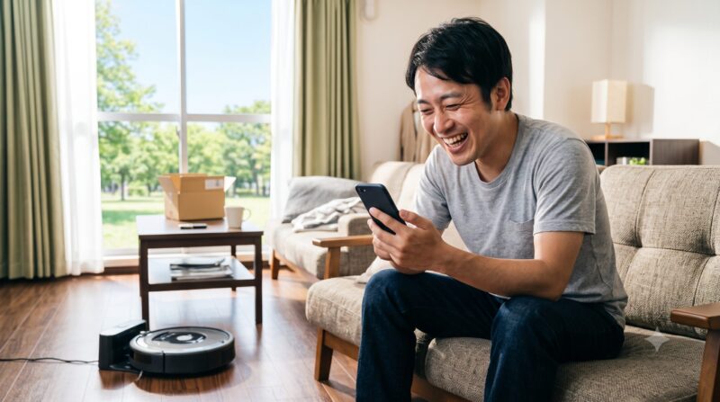 スマートフォンを見ながらソファで大笑いする日本人男性と、背景にあるロボット掃除機。