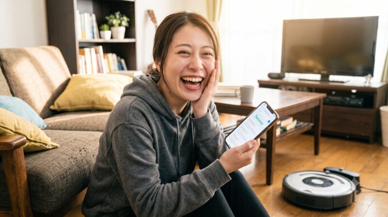 ロボット掃除機が置かれたリビングで、スマートフォンを手に笑顔で成功を喜ぶ日本人女性