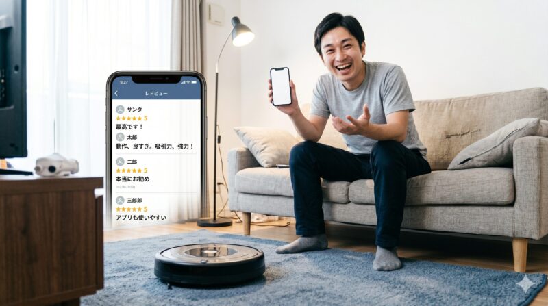 ロボット掃除機の高評価口コミと笑顔でスマートフォンをかざす男性。