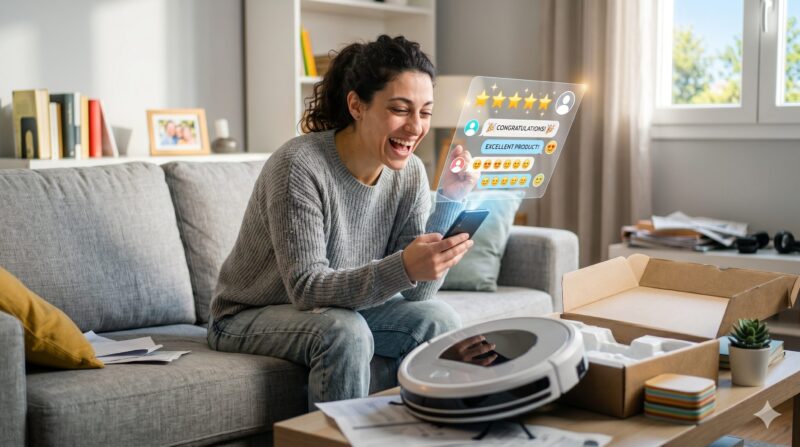 ロボット掃除機の高評価レビュー(ホログラム)を見て大笑いする女性
