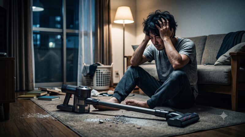 コードレス掃除機を前に頭を抱えて後悔する男性の様子