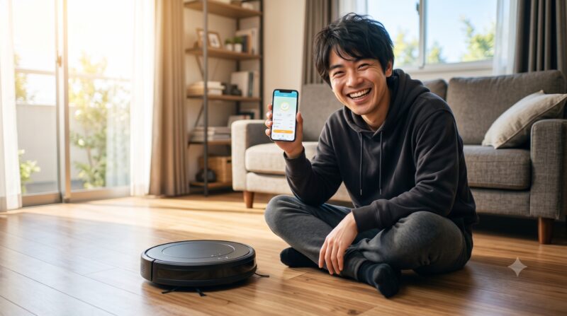 床に座ってロボット掃除機と連携するスマホアプリの画面を見せながら満面の笑みを浮かべる日本人男性