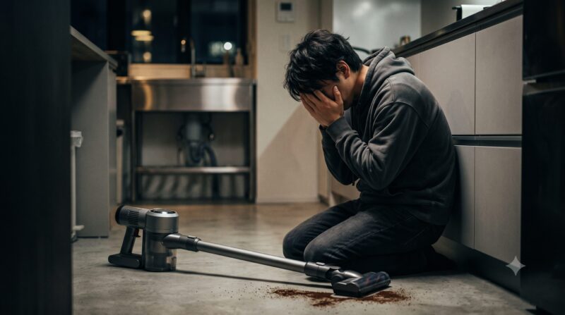 床に散らばったゴミを前にコードレス掃除機の購入を後悔し、暗いキッチンで顔を覆って絶望する男性。