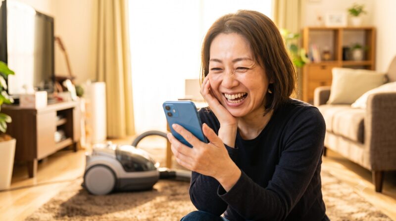 明るいリビングで掃除機を背景に、スマートフォンを見ながら満面の笑みで大笑いする日本人女性。