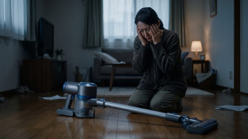 コードレス掃除機のデメリットに直面し、薄暗い部屋で床に座り込んで絶望する女性