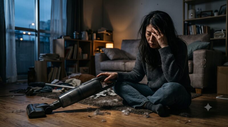 埃やゴミが散乱する床で、コードレス掃除機を前に頭を抱える日本人女性。