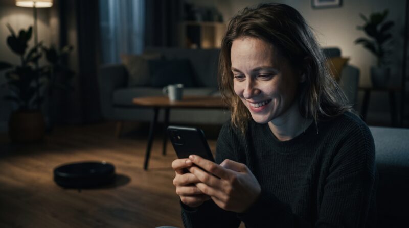 ロボット掃除機D20 Ultraの口コミをスマホで見て、同じリビングで安堵の笑顔を浮かべる女性。