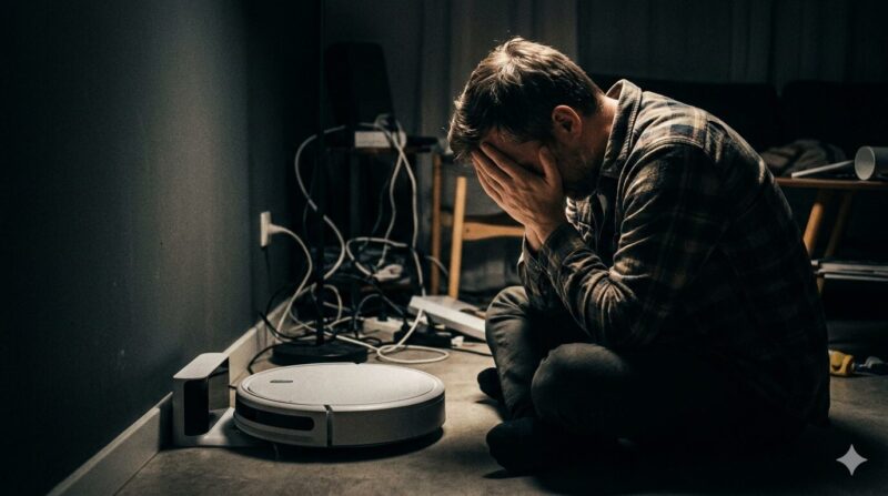 ロボット掃除機の購入を後悔し、部屋の隅で頭を抱えて絶望する男性