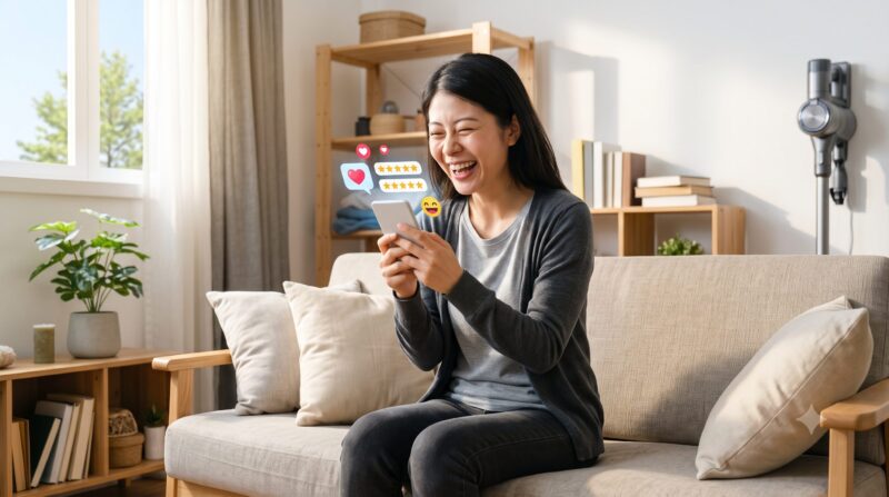 リビングのソファに座り、スマートフォンで高評価の口コミを見て爆笑する日本人女性。