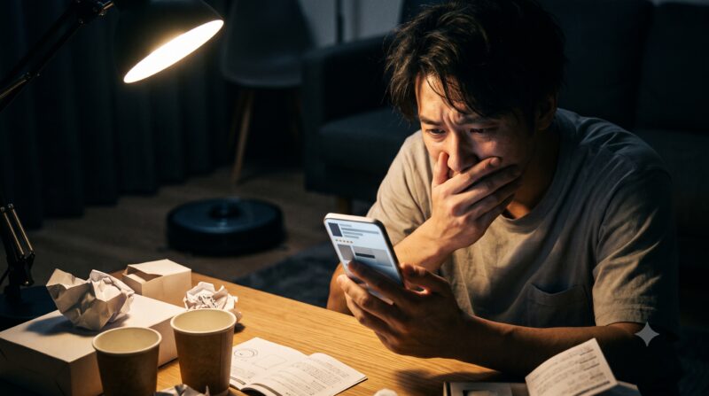 夜のデスクで、スマホの画面を見て顔を覆い、絶望している日本人男性