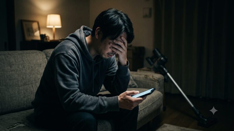 スマートフォンで掃除機の口コミを見て、購入を後悔し頭を抱えて悩む男性。