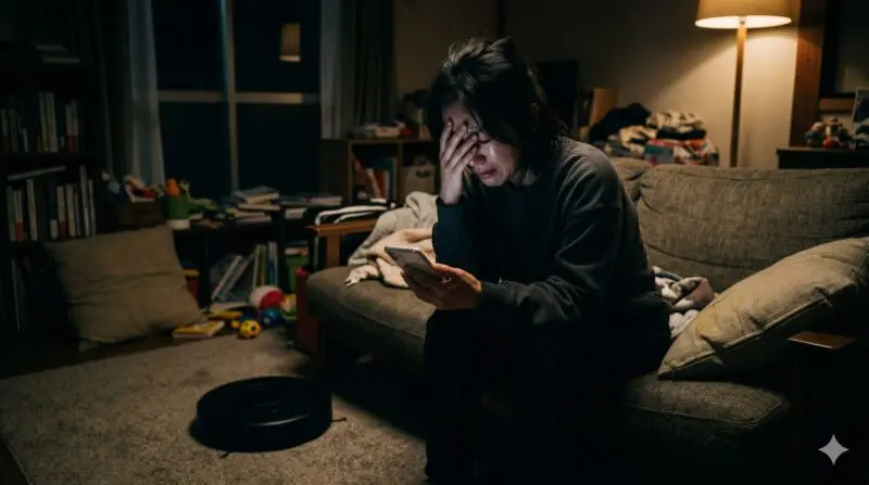 薄暗い部屋でロボット掃除機の口コミや評判をスマホで調べて頭を抱え絶望している女性。