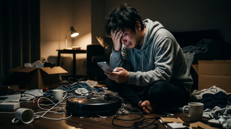 散乱した部屋で、ロボット掃除機の悪い口コミを見て後悔し泣いている男性の姿