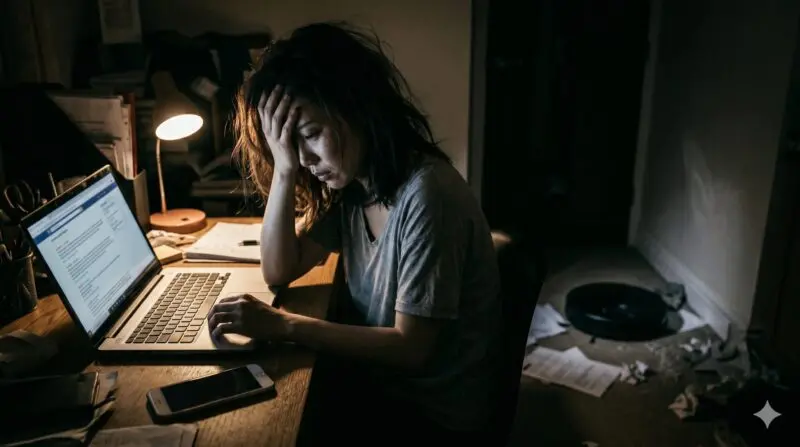 ロボット掃除機の口コミや評判を調べて絶望し、夜のデスクで頭を抱える女性