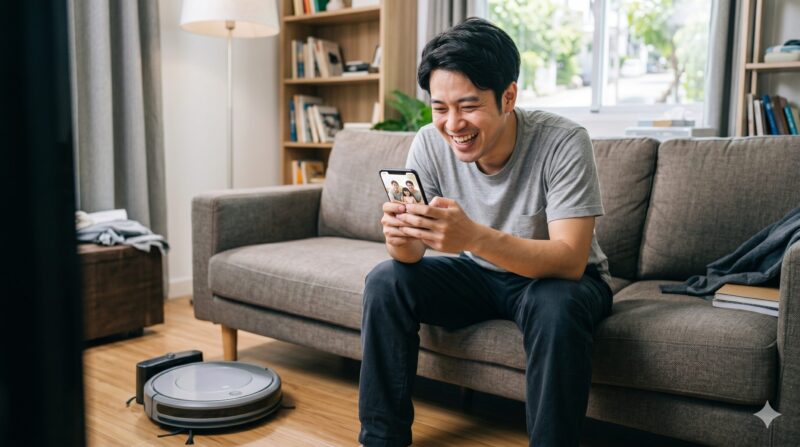 リビングでスマホの家族写真を見て満面の笑みを浮かべる男性とロボット掃除機。