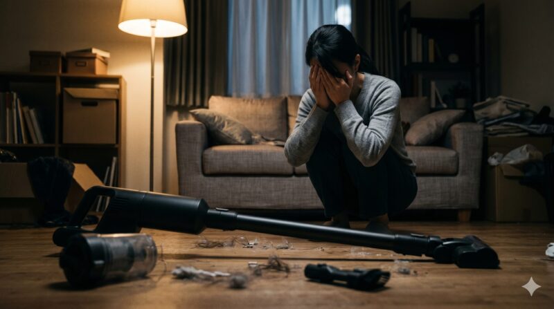 散らかった部屋で故障したコードレス掃除機を前に絶望し、顔を覆って泣く女性の姿