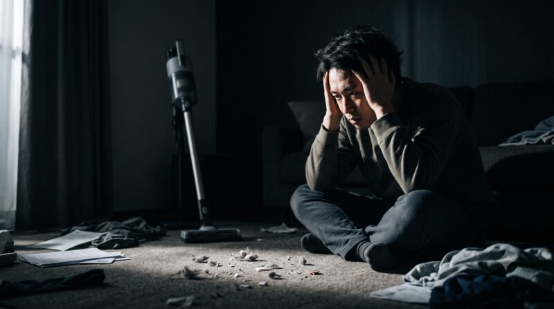 掃除機を購入して後悔し、散らかった部屋で頭を抱えて絶望している男性。