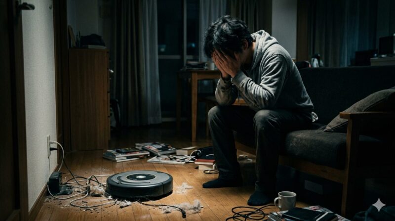 散らかった部屋でロボット掃除機を前に頭を抱えて悩む男性の姿