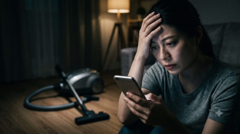 薄暗い室内で、キャニスター掃除機を背景に、スマートフォンを見ながら暗い表情で悩む日本人女性。