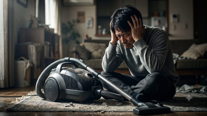 掃除機の購入を後悔して頭を抱えて悩む男性のイメージ（日立パワかるサイクロンCV-SP900Mのデメリット・口コミ解説用画像）。