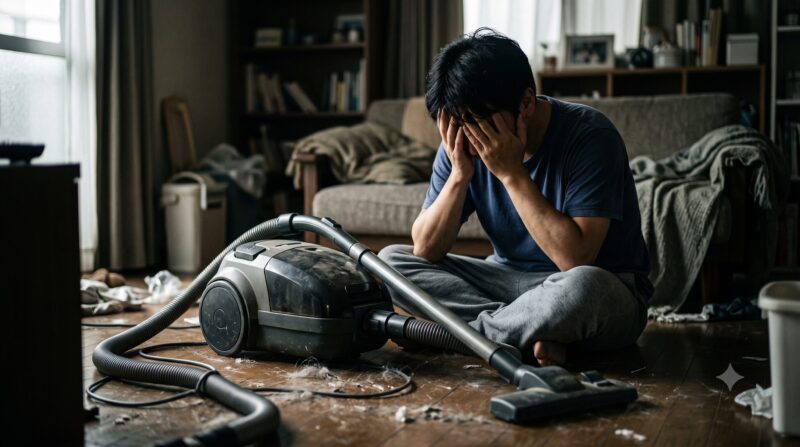 散らかった部屋でキャニスター掃除機を前に床に座り込み、デメリットや購入後の後悔に頭を抱えて絶望している男性のイメージ