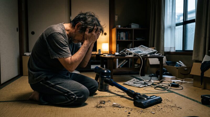 故障した掃除機を前に、散らかった部屋で頭を抱えて絶望する日本人男性の画像
