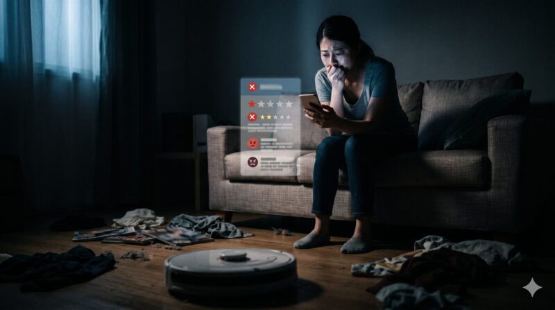 スマートフォンでロボット掃除機の悪い口コミを見て絶望・後悔している女性