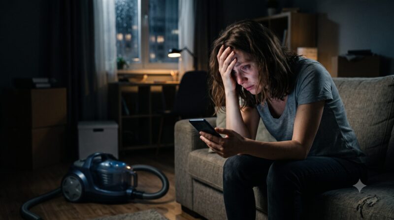 夜の暗い部屋で、スマートフォンを見ながら絶望的な表情で泣き崩れ、頭を抱える女性。床にはサイクロン掃除機がある。