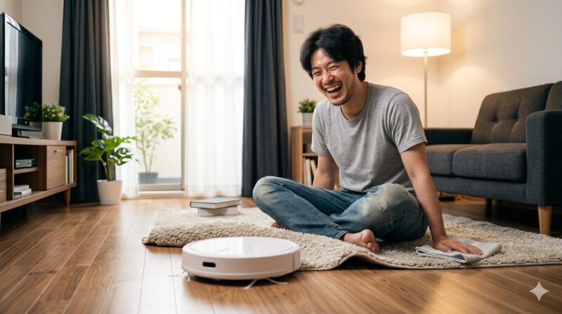 リビングのフローリングで、ロボット掃除機を前に笑顔で座る日本人男性