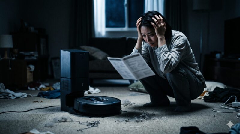 散乱した部屋で、ロボット掃除機とダストステーションを前に、説明書を見ながら絶望する女性。