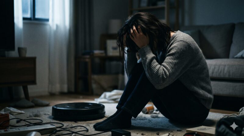 散らかった部屋でロボット掃除機を前に頭を抱え、後悔し絶望する女性