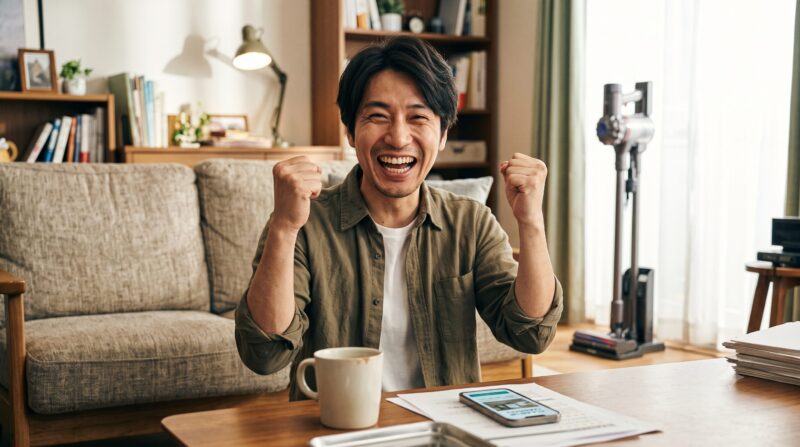 リビングルームのデスクでスマートフォンを前に、ガッツポーズをして満面の笑みで喜ぶ男性。背景に掃除機。