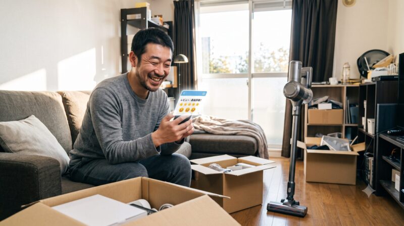 ソファに座ってコードレス掃除機の「最高評価！」レビューを見て笑顔のアジア人男性。