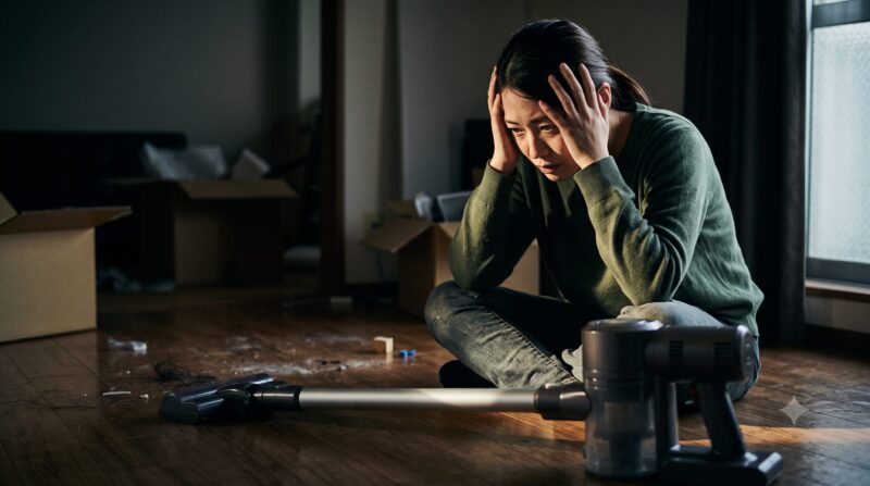 散らかった汚い部屋で、分解されたコードレス掃除機を前に、頭を抱えて絶望している日本人女性。
